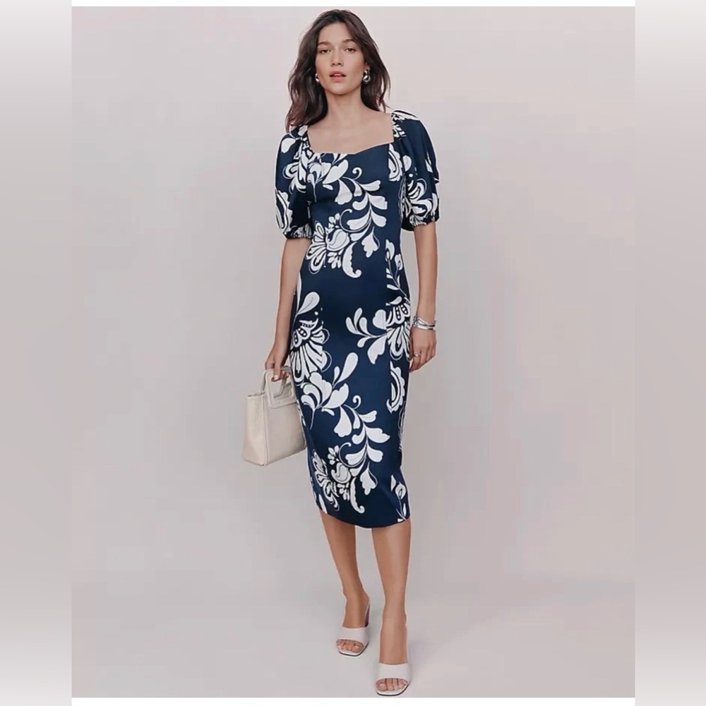NWT $169 ANN TAYLOR FLORAL PUFF SLEEVE MIDI DRESS SZ 8